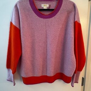 Maeve Purple and Orange Colorblock Crew Neck 100% Cashmere Sweater